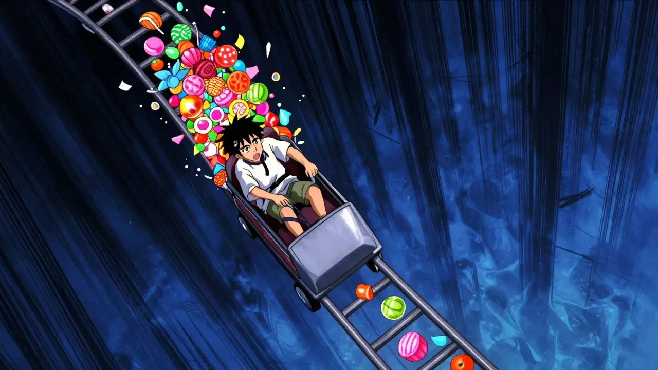 Personaje en una montaña rusa de glucosa alternando entre picos de azúcar y bajadas bruscas.