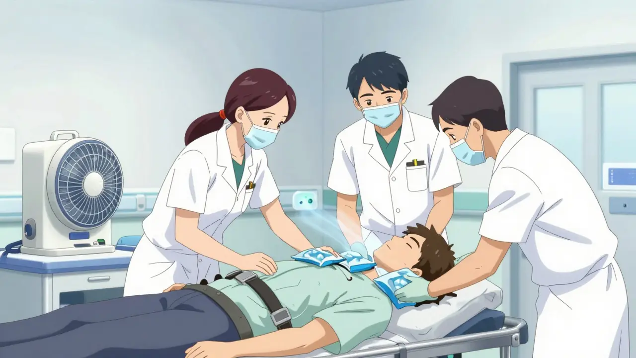 Personal médico aplicando compresas de hielo y ventiladores a un paciente en urgencias.