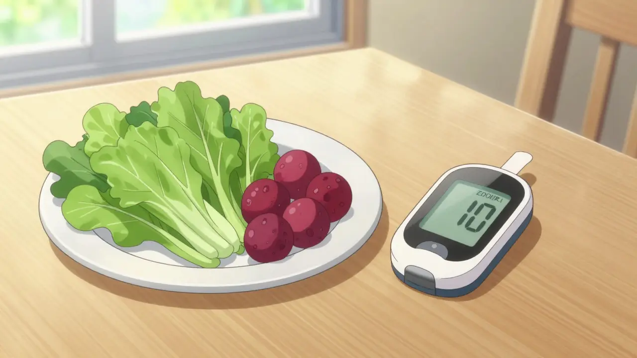 Plato de alimentos saludables junto a un monitor continuo de glucosa en un entorno luminoso.