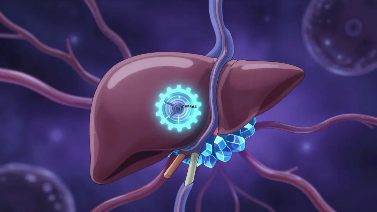 Representación conceptual de la enzima CYP3A4 siendo bloqueada en el hígado