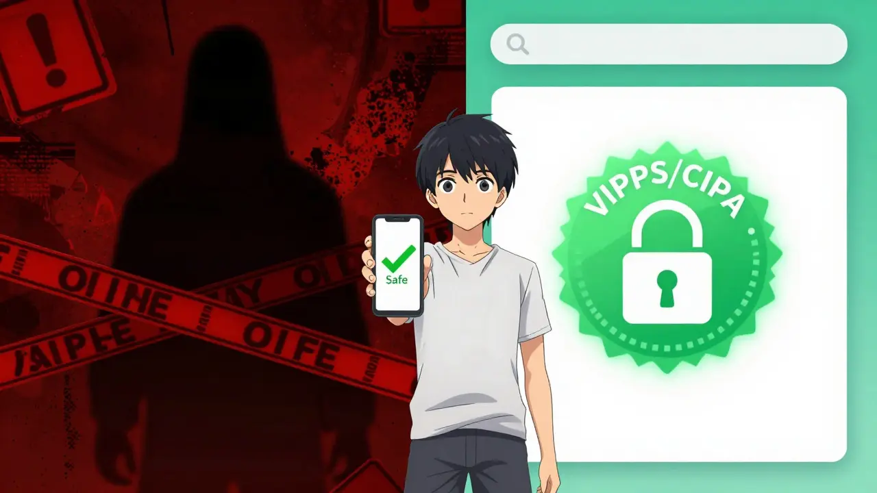 Comparación anime entre farmacia online segura e ilegal con advertencias