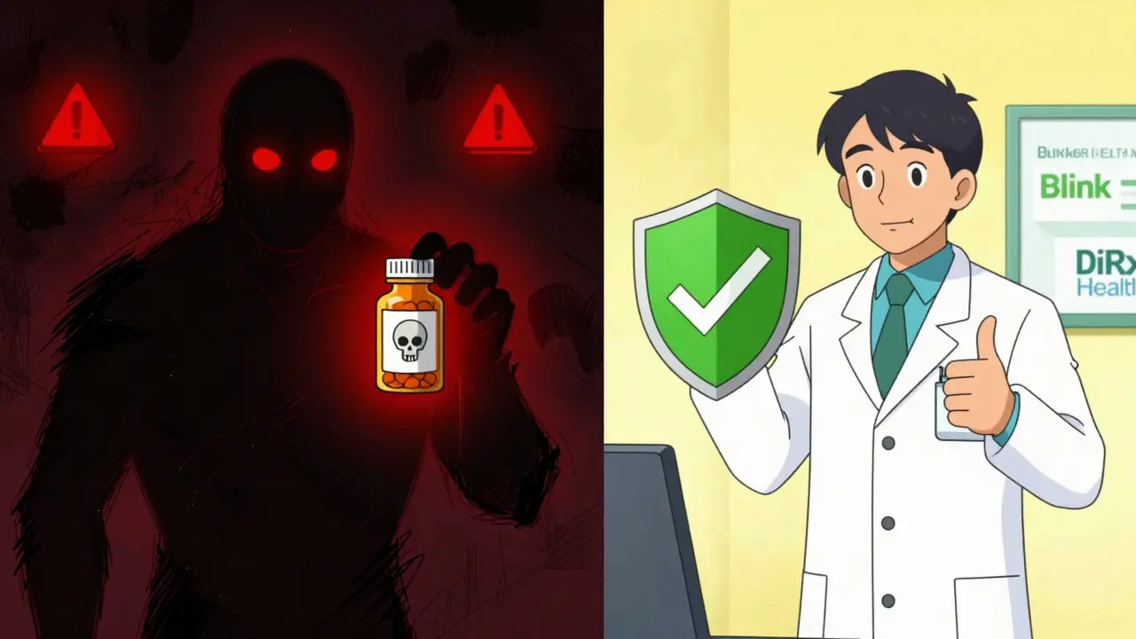Comparación entre farmacia falsa peligrosa y farmacia segura verificada