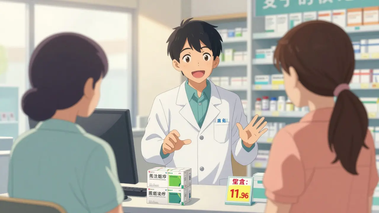 Farmacéutico asesorando a cliente sobre ahorro con genéricos