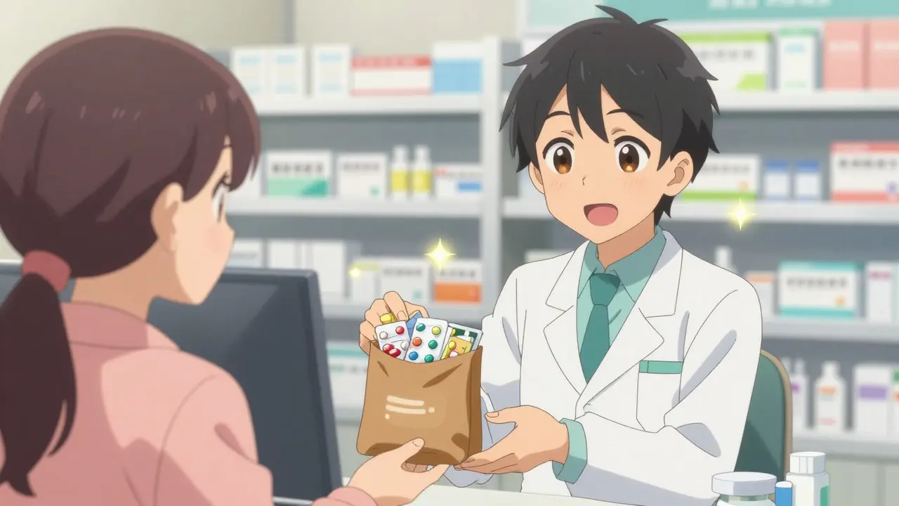 Farmacéutico entregando una bolsa de medicamentos a un paciente sonriente