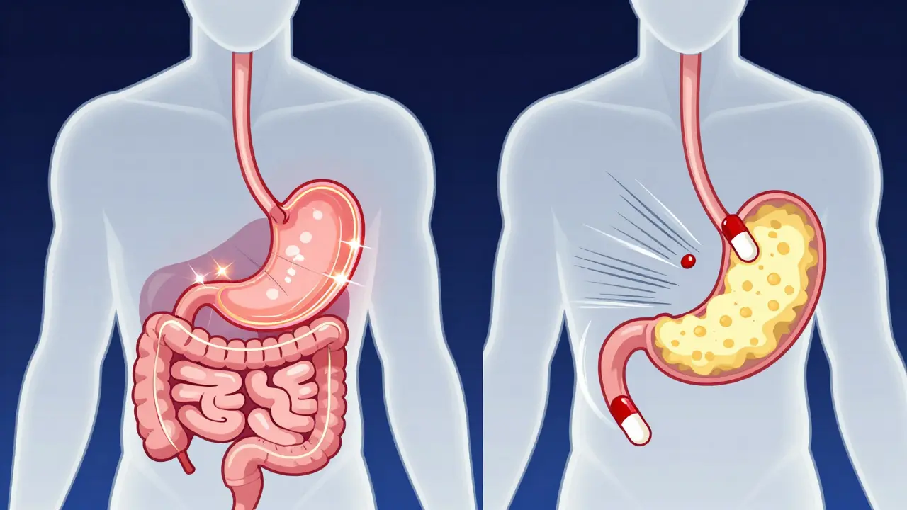 Ilustración de cómo la comida afecta la absorción del medicamento