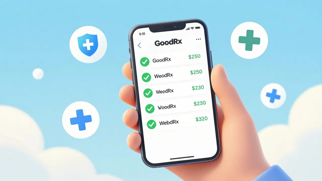 Mano sosteniendo móvil con app segura para comparar precios de medicamentos