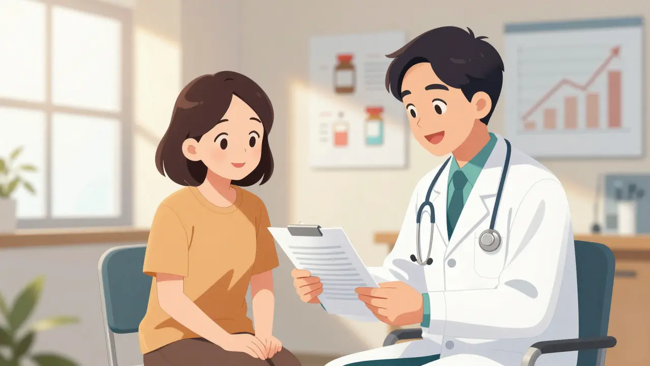 Paciente recuperándose con médico en consulta brillante