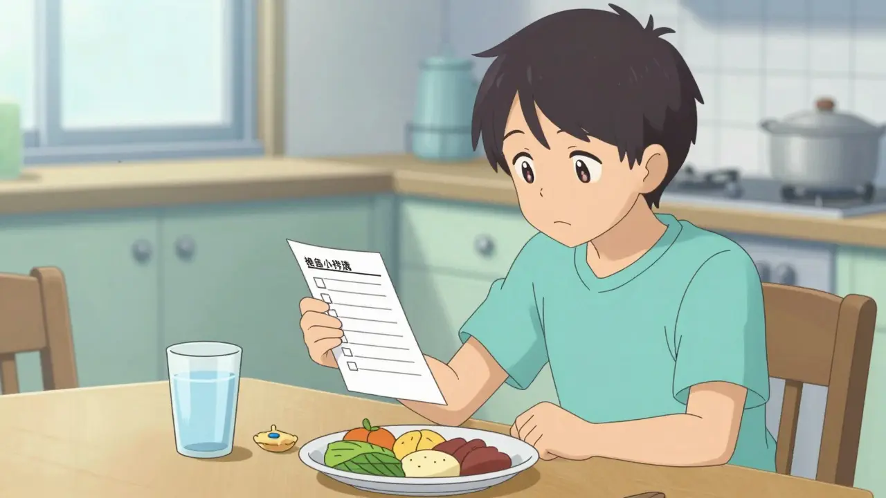 Persona organizando su rutina de medicación con comida
