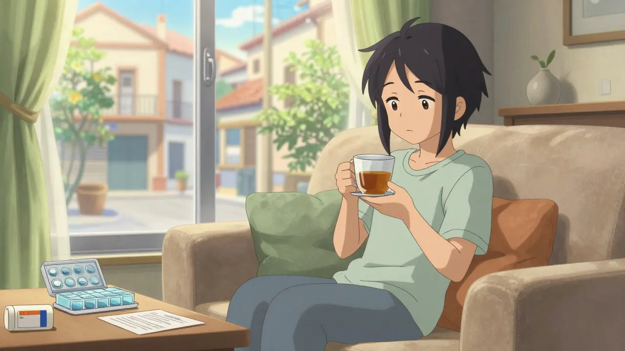 Personaje anime relajado en casa con medicación y vista a barrio español