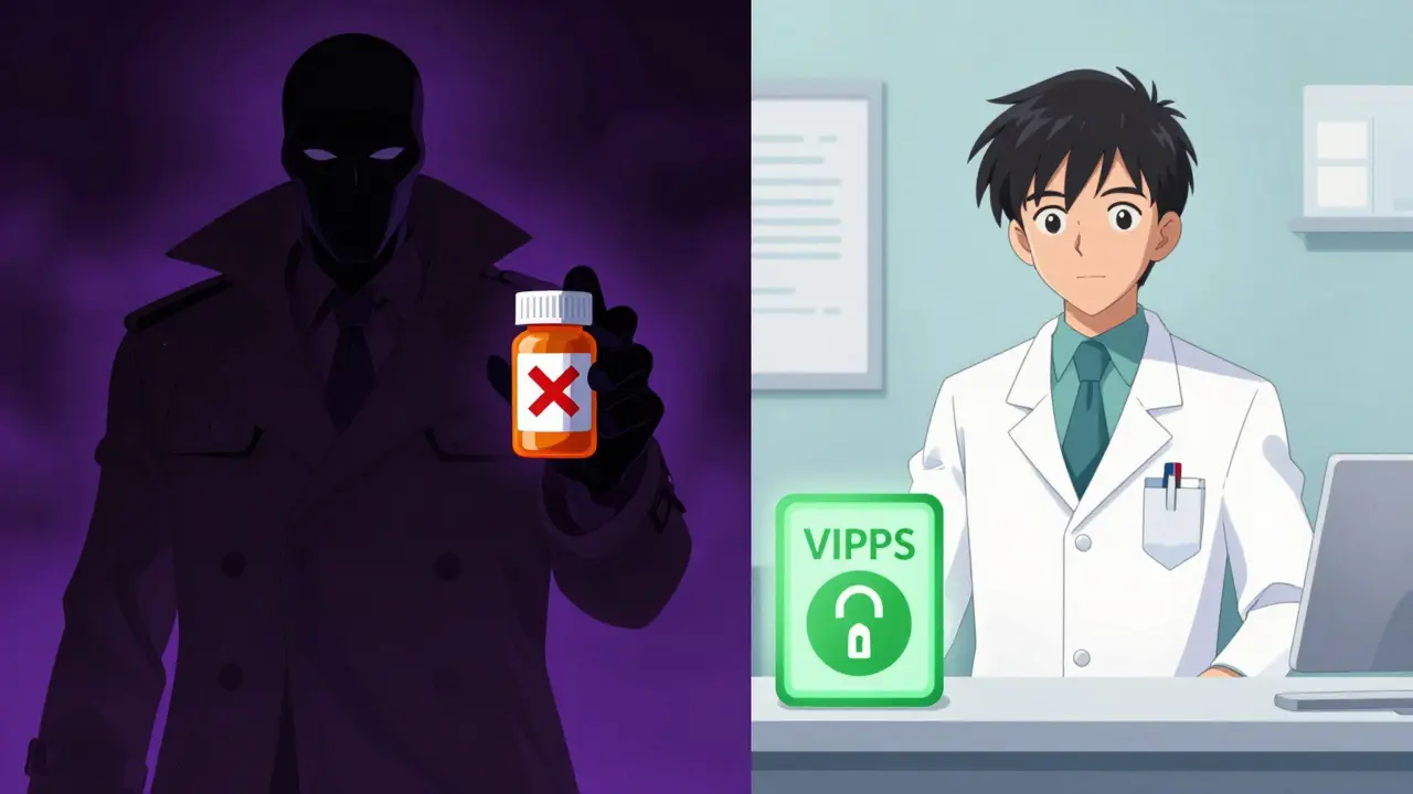 Contraste entre farmacia falsa peligrosa y farmacia verificada segura