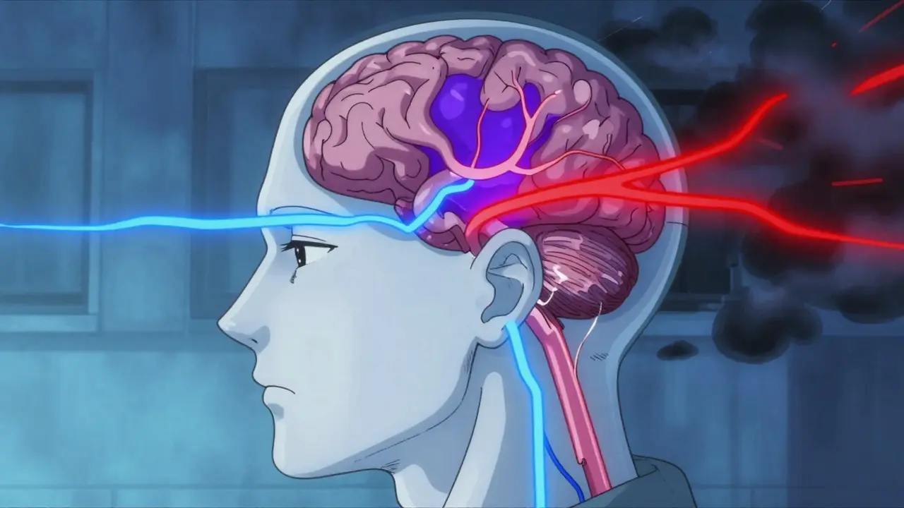 Diagrama anime del cerebro mostrando cómo el sonido activa el miedo