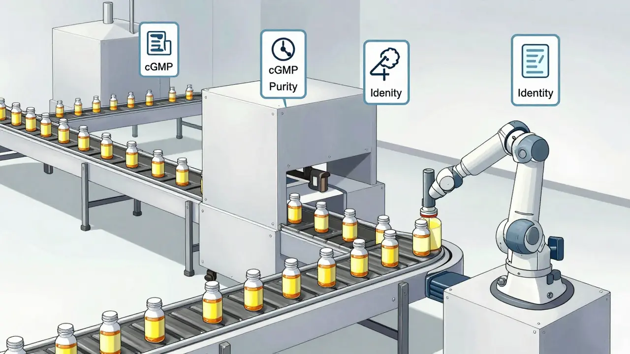 Escena de fabricación industrial simplificada en estilo anime, con cintas transportadoras e iconos flotantes de control de calidad cGMP.