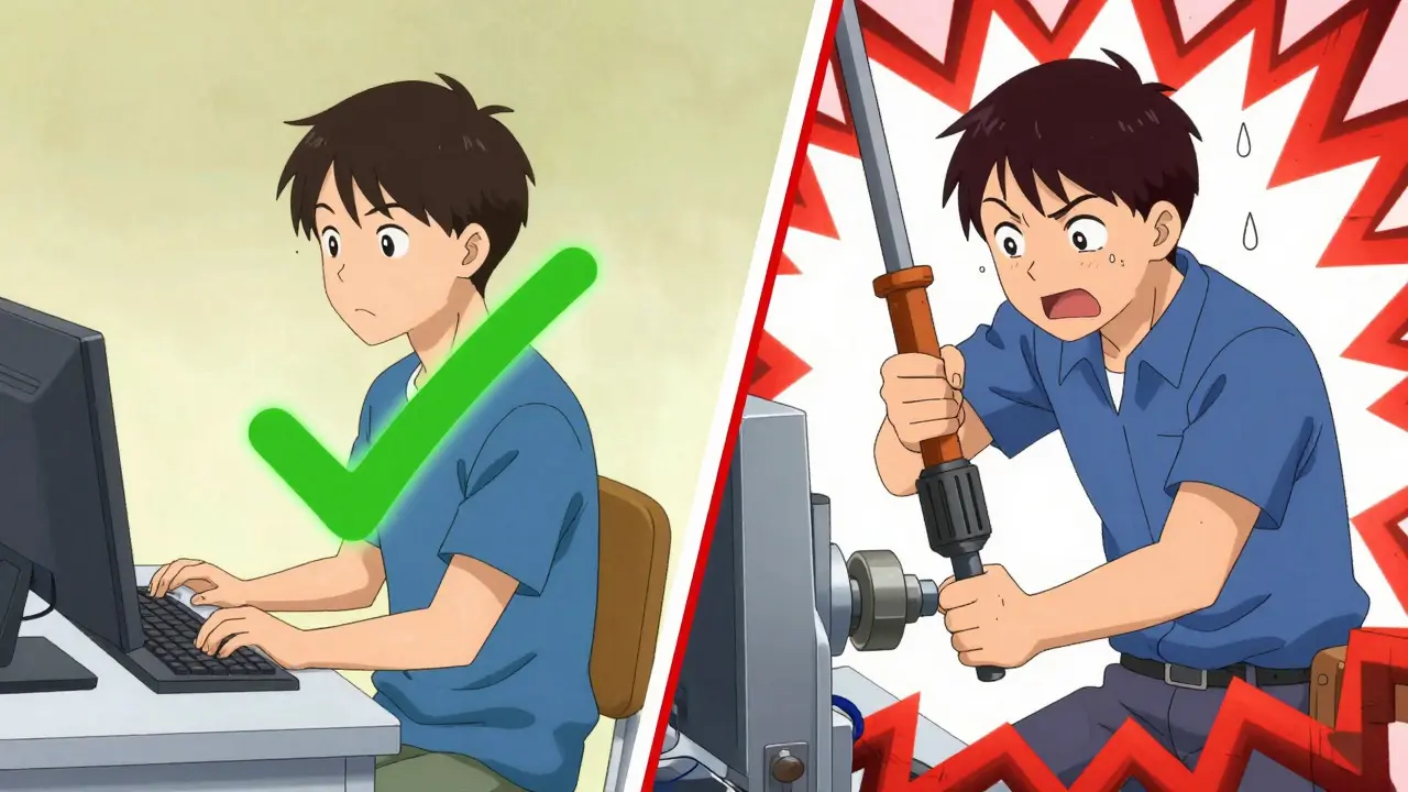 Estilo manga comparando riesgos laborales de teclado y vibración