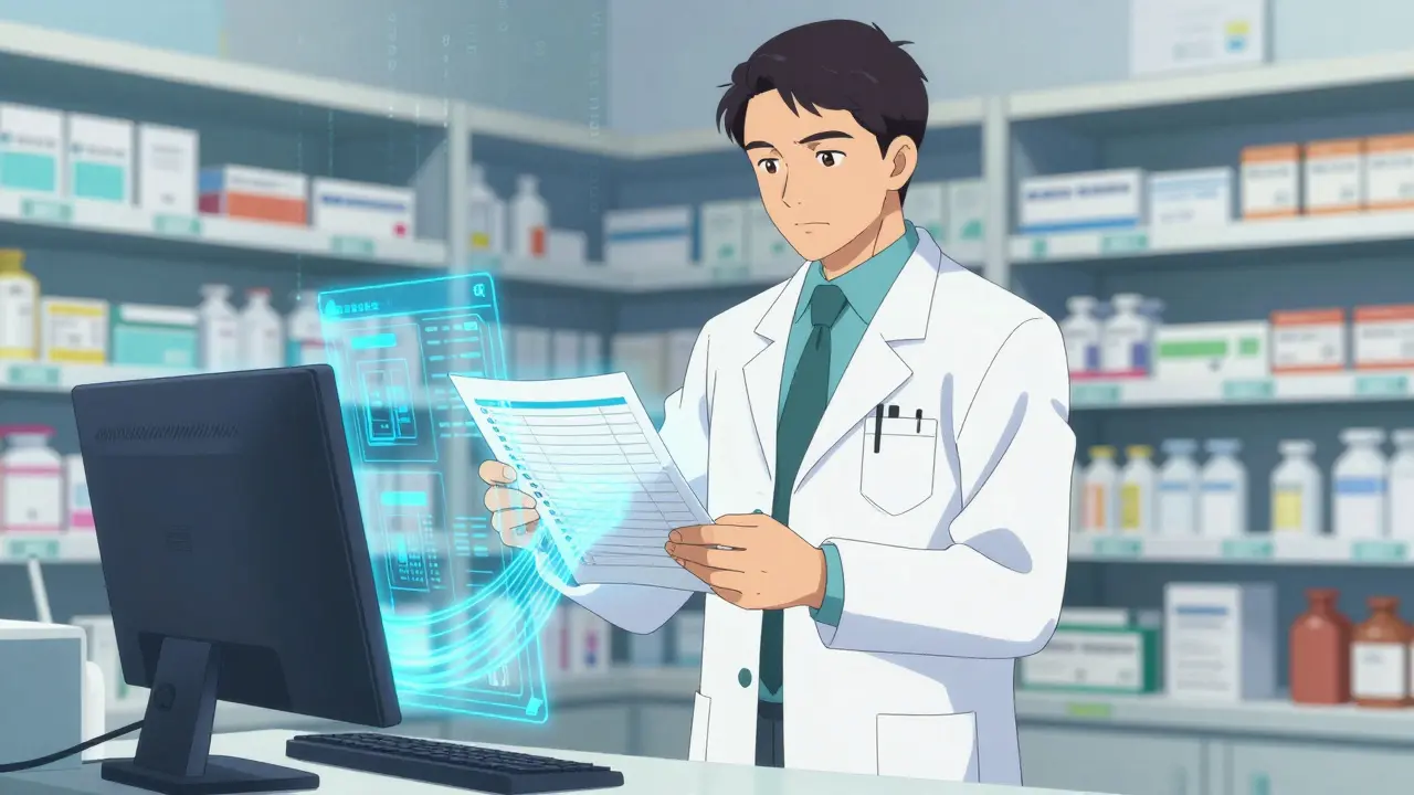 Farmacéutico especializado organizando datos médicos digitales