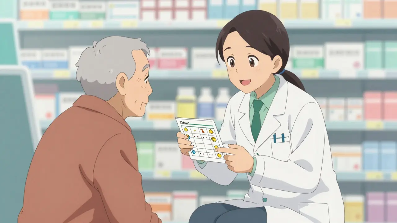 Farmacéutico explicando dosis sencilla a paciente mayor