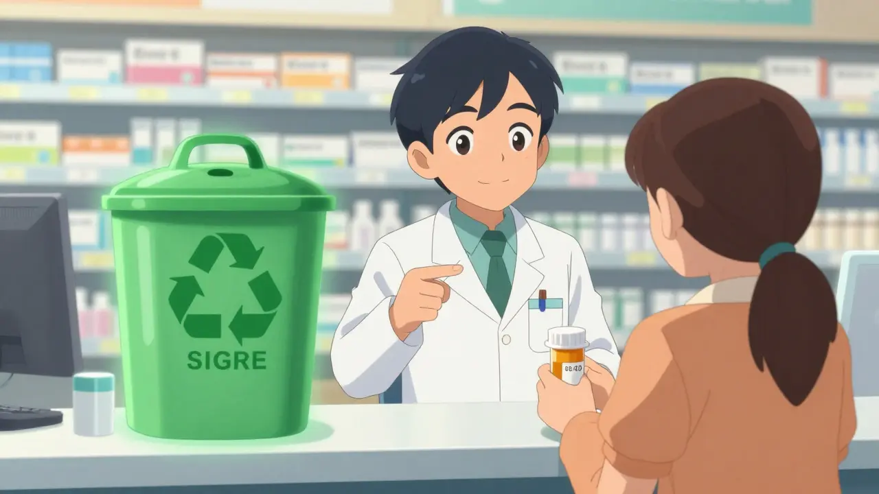Farmacéutico explicando fecha límite y reciclaje seguro al paciente
