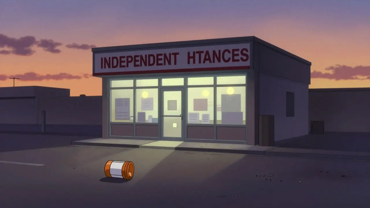 Farmacia cerrada y botella de genérico al atardecer en estilo anime
