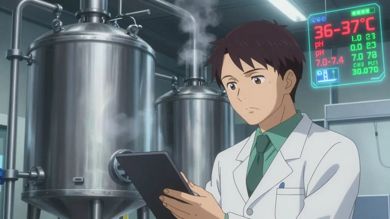 Ingeniero monitoreando biorreactores con datos holográficos en estilo anime