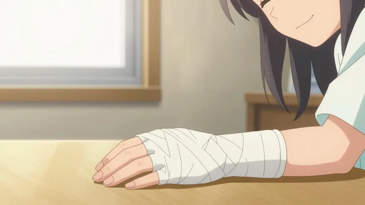Mano vendada recuperándose tras cirugía en estilo anime suave