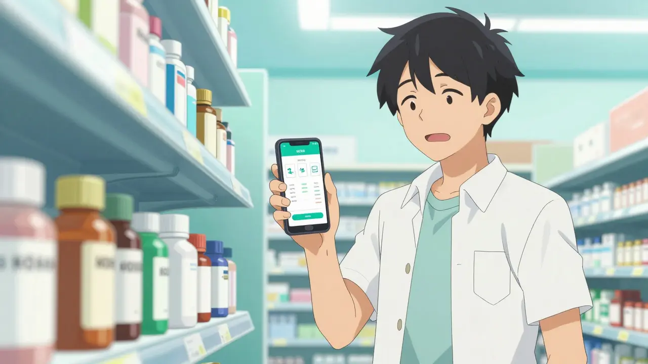 Persona usando app de descuentos en farmacia moderna