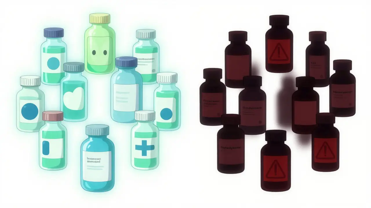 Botellas de medicamentos seguros vs inseguros en estilo anime