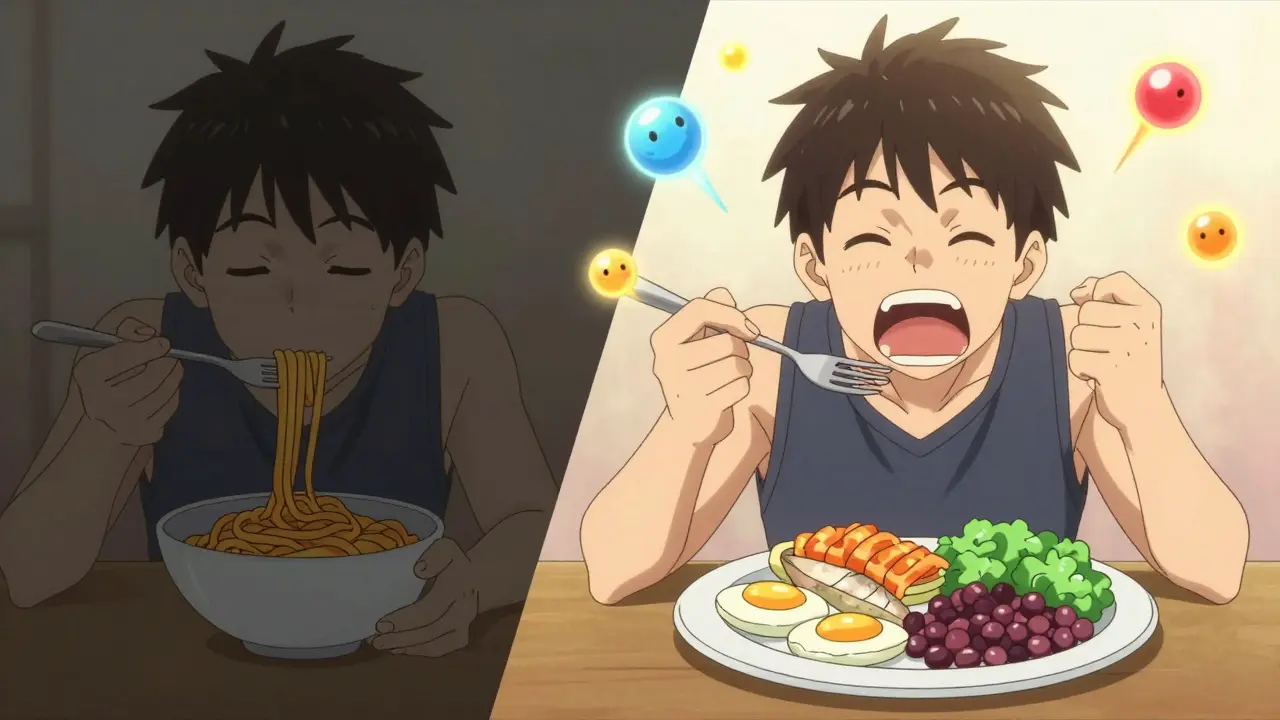 Comparación anime entre comida baja y alta en proteínas