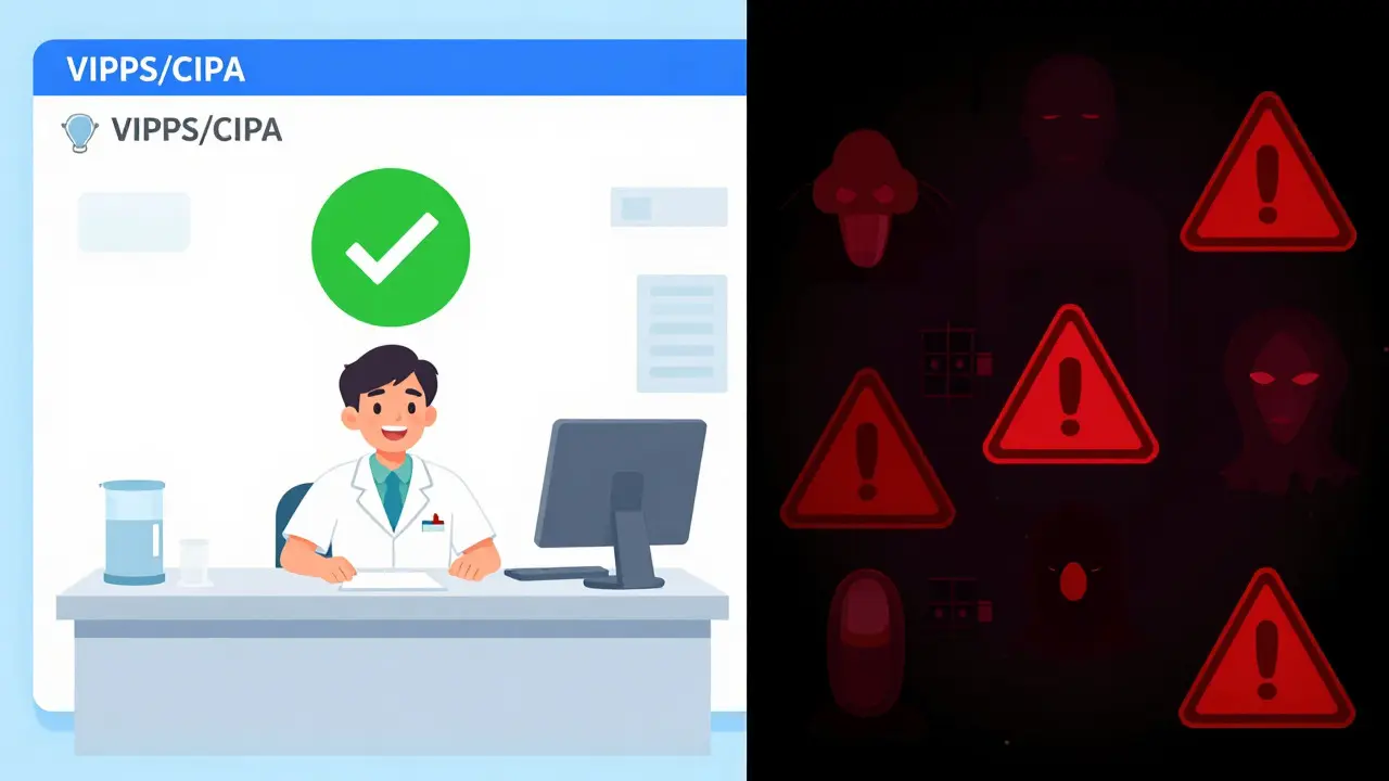 Comparación entre farmacia online segura y sitio falso peligroso