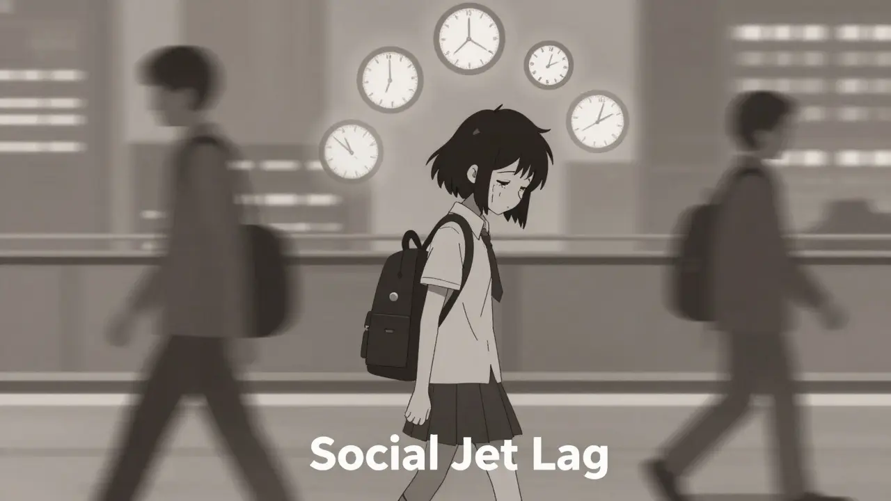 Estudiante agotado luchando contra el desfase horario social en estilo manga