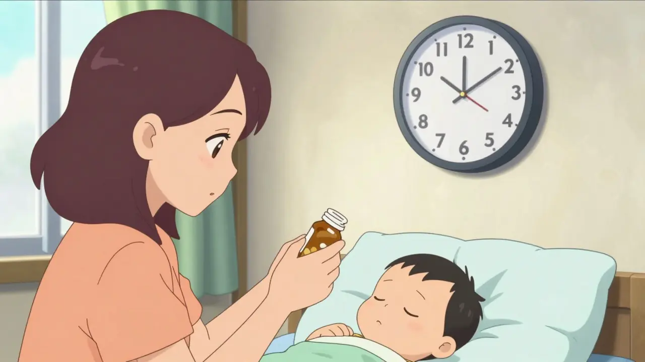 Madre tomando medicación tras amamantar en estilo anime