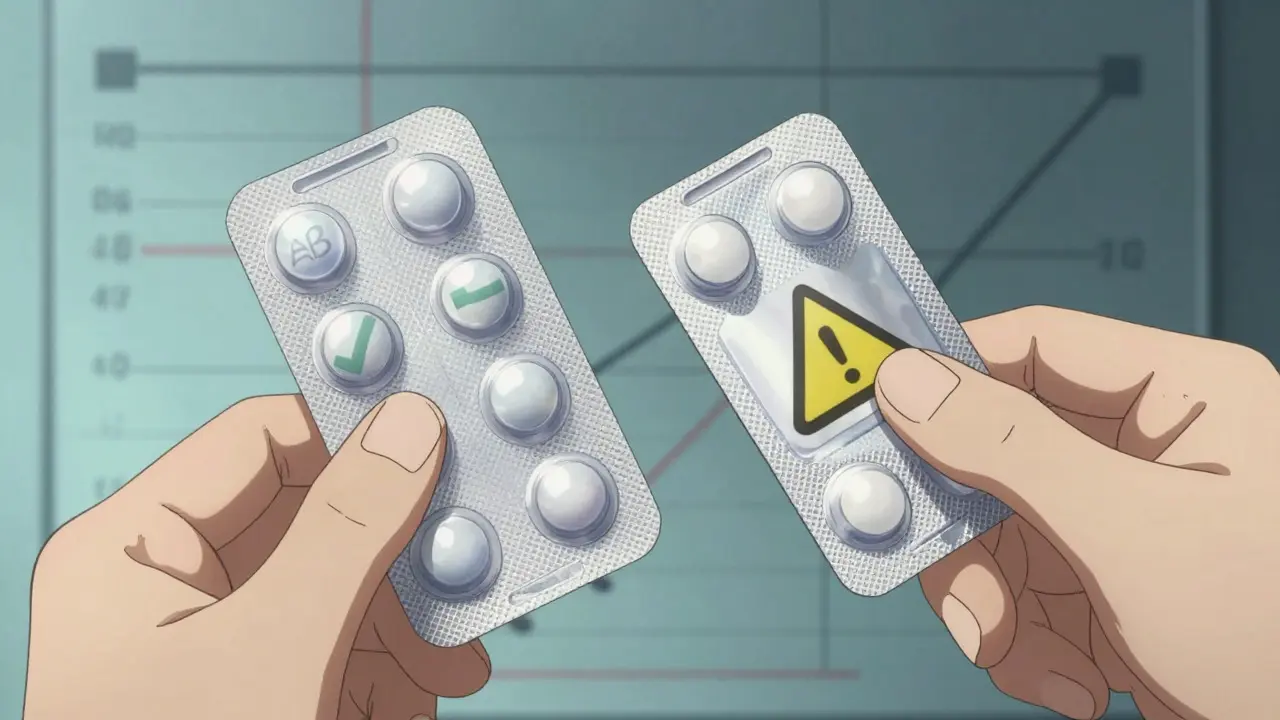 Manos comparando dos blísters de medicamentos con códigos de equivalencia