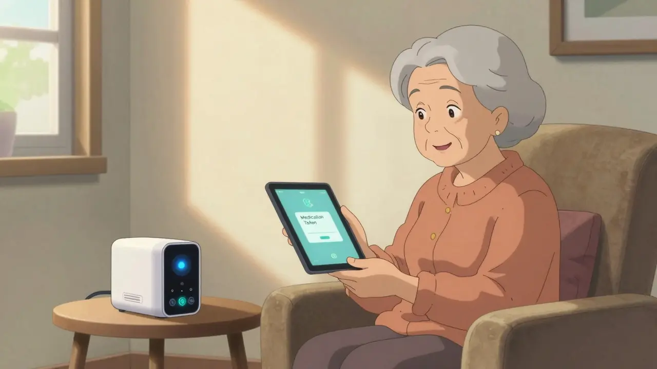 Mujer mayor feliz en sala viendo notificación de medicación en tableta