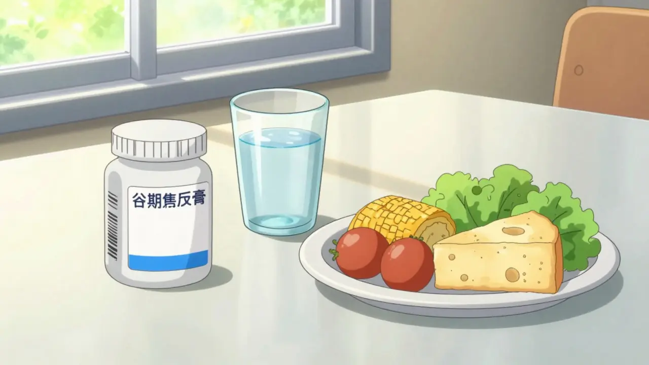Paquete de medicamentos entregado sobre mesa limpia junto a agua y comida saludable