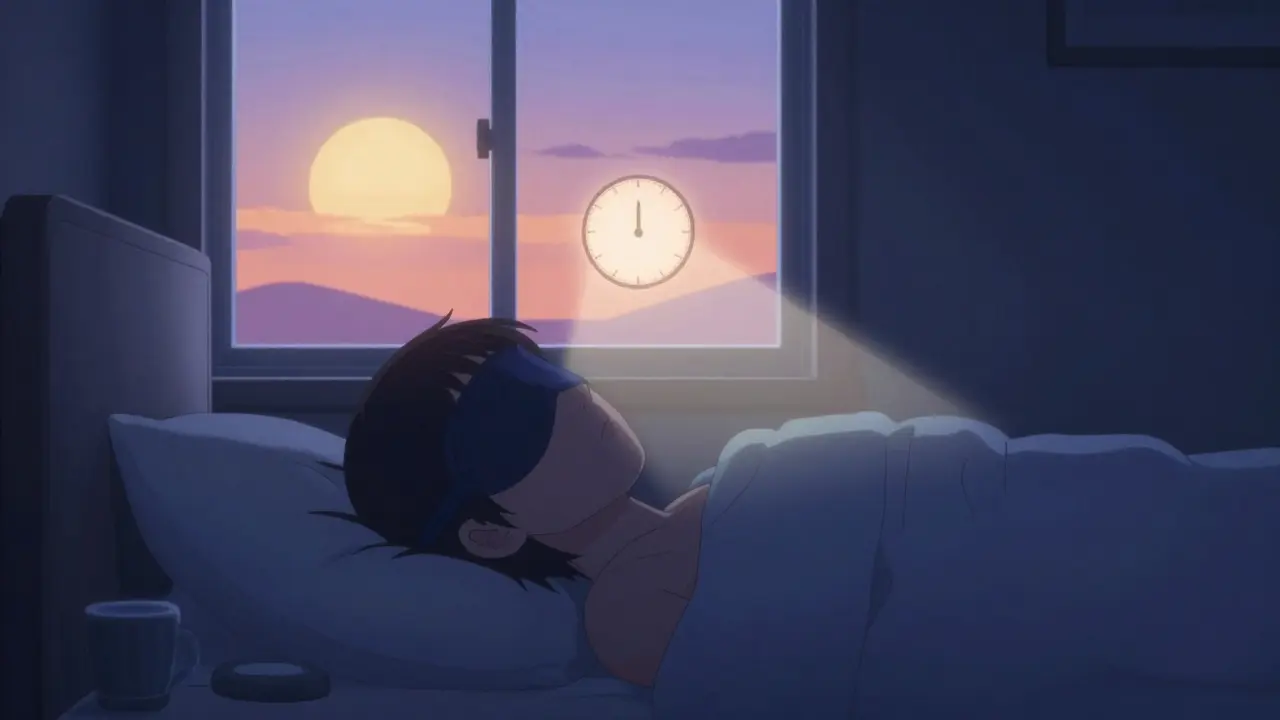 Persona descansando en oscuridad total mientras la luz del sol ajusta su reloj