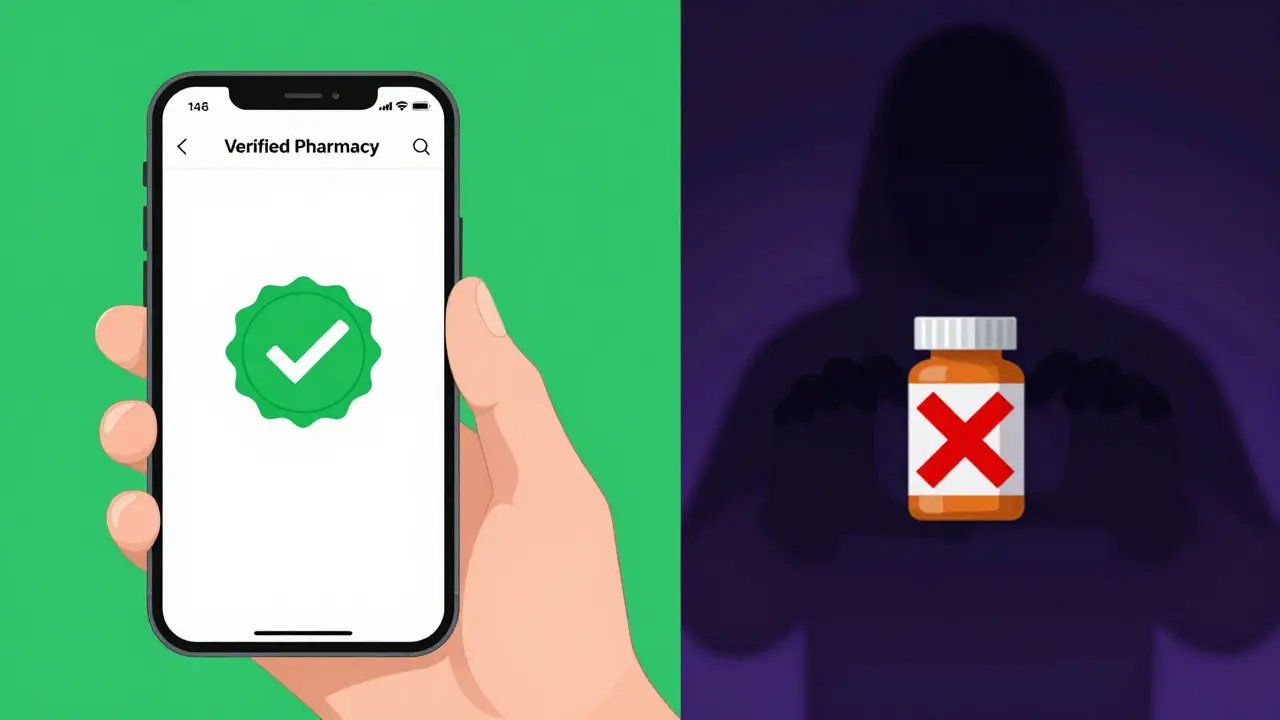 Comparación visual entre farmacia segura y estafa online en estilo anime