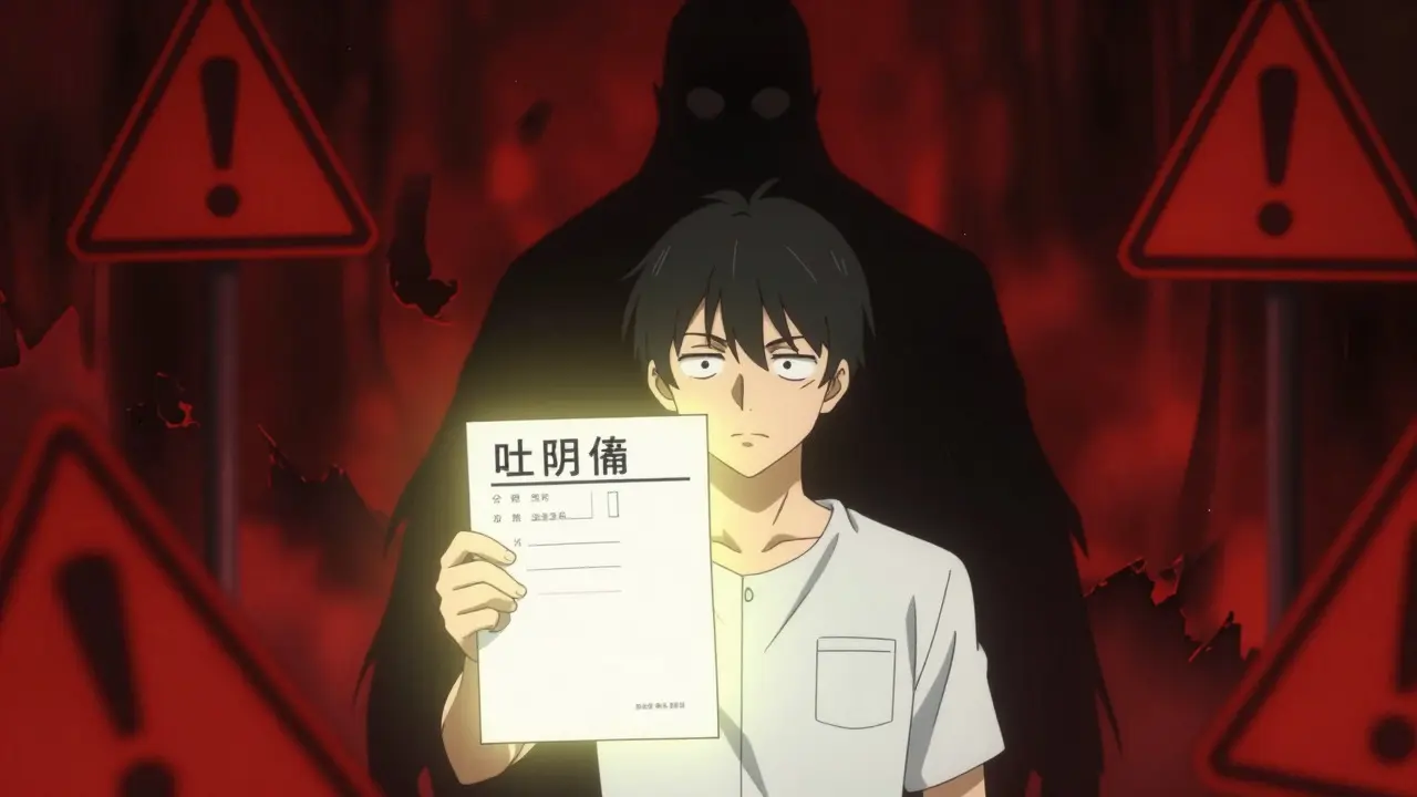 Escena anime de advertencia contra farmacias ilegales con señales de alerta