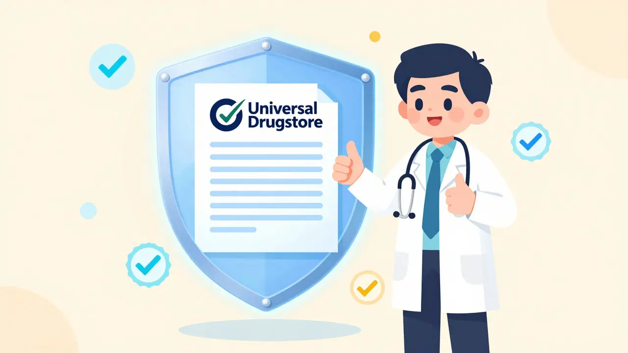 Farmacéutico animado junto a un escudo digital que protege una receta médica segura